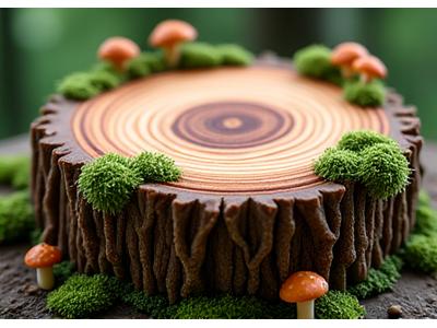 Gâteau sculpté comme une souche d'arbre avec champignons et mousse, hyper-réaliste